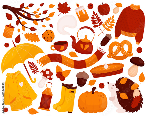 Hello Autumn set. Warm sweater, scarf, raincoat, fall leaves, mushrooms, hedgehog, pumpkin, pie. Hand drawn fall season vector elements in flat style. For cards, web, posters, stickers.
