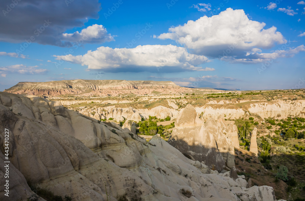 Goreme, Turkey - panorama view of the town of Göreme in Cappadocia, Turkey with fairy chimneys, houses, and unique rock formations seen from sunrise point