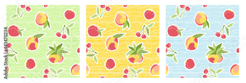 Set of summer fruits, berries seamless patterns. Vector illustrations of isolated cherries, peaches, plums, nectarines, leaves on blue yellow and green textured background in flat style