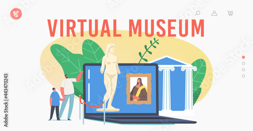 Virtual Museum Landing Page Template. Stay Home Entertainment. Characters Visit Online Gallery, Art Therapy