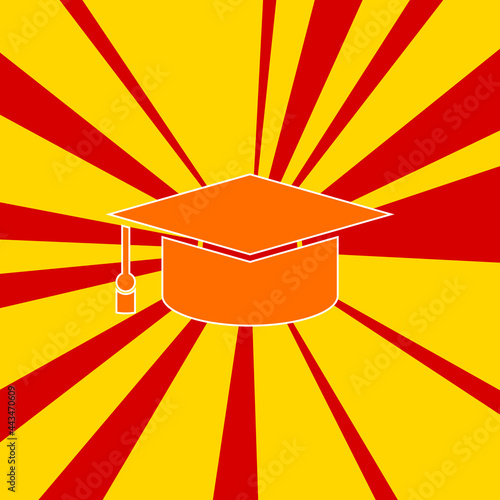 Square academic cap symbol on a background of red flash explosion radial lines. A large orange symbol is located in the center of the sunrise. Vector illustration on yellow background