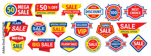 Sale tag design badge set. Discount abstract banner collection. Special offer, best choice, VIP exclusive, buy now concept stickers. Clearance graphic messages collection. Vector illustration.