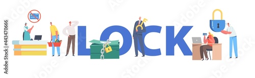 Lock Concept. Characters with Blocked Bank Card in Store. Block Shopping Online Transaction, Declined Payment, Bank Ban
