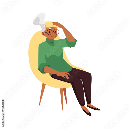 Elderly exhausted woman tired or weak, flat vector illustration isolated.