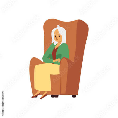 Tired sad aged woman sit in armchair a flat vector illustration.