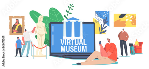 People Visiting Virtual Museum Online Exhibition Tour to Art Gallery, Tiny Characters at Huge Laptop With Masterpieces