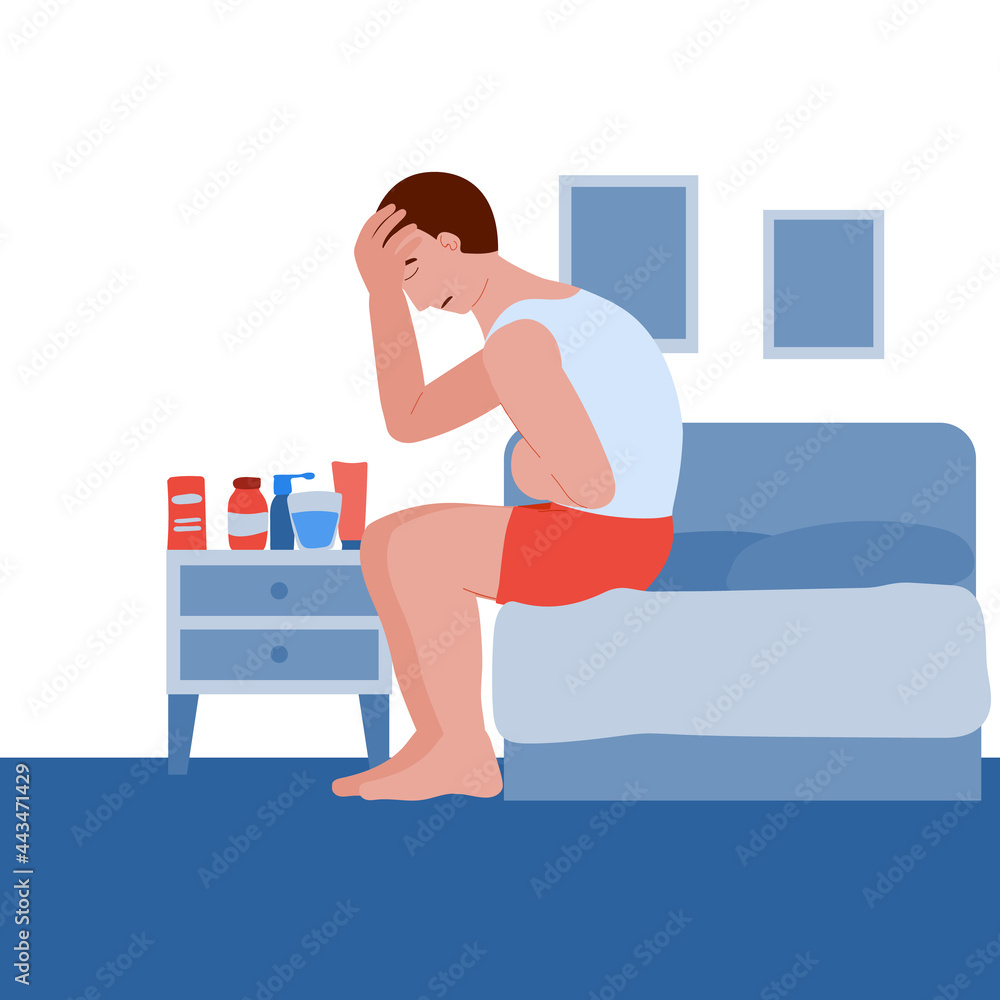 concept man is sick and cold. the patient has a headache and a stomach