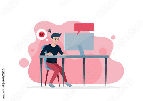 The angry man look at computer with bubble speech and angry emoticon, vector illustration
