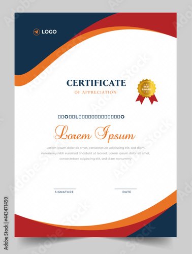 Certificate template in vector for achievement graduation completion. Certificate of appreciation template,  Clean modern certificate with gold badge.   