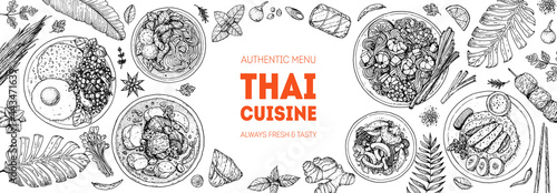 Thai food top view vector illustration. Food menu design template. Hand drawn sketch. Thai food menu. Vintage style. Pad thai, khao man gai, thai noodle soup, pad krapow gai, massaman curry. © DiViArts