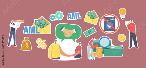 Set Stickers Aml, Anti Money Laundering Campaign. Characters Handshake, Envelope with Dollars, Crossed Washing Machine