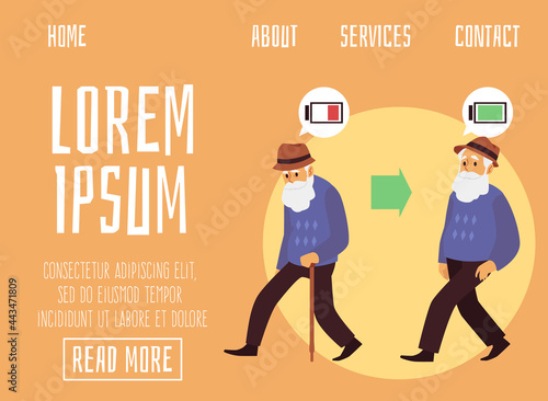 Web banner with exhausted and energetic elderly man, flat vector illustration.