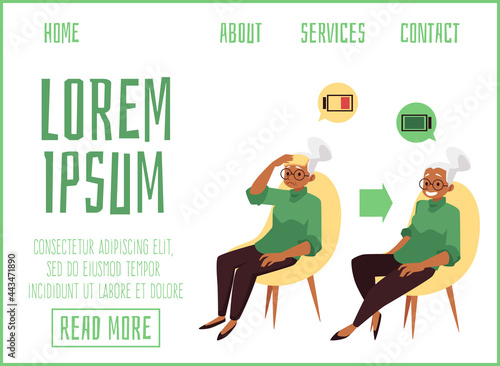 Website with elderly woman tired and rested energetic, flat vector illustration.