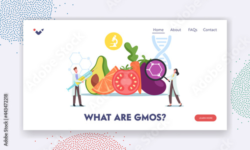 What is GMO Landing Page Template. Tiny Scientists Characters at Huge Genetically Modified Food and Agriculture Crop