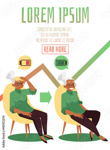 Flat vector poster with energetic and tired old female character.