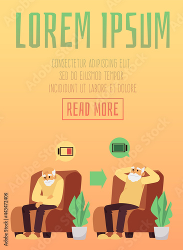 Banner with tired elderly man who getting energetic, flat vector illustration.