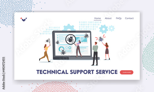 Technical Support Service Landing Page Template. Tiny Characters Debugging Firewall. Antivirus Scanning, Malware Fixing