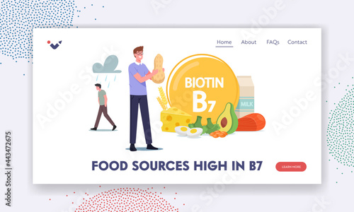 Food Sources of Vitamin B7 Landing Page Template. Male Character Eating Healthy Natural Ingredients, Applying Biotin
