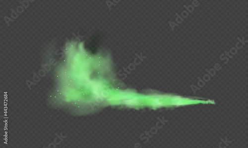 Green dust. Abstract blurry smoke with green particles. Smoke or dust isolated on transparent background. Abstract mystical gas. Vector illustration.