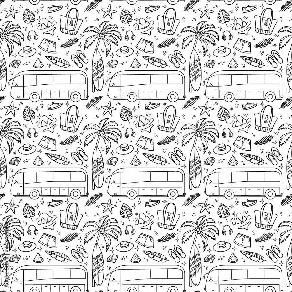 Travel and vacation seamless pattern with travel elements. Seamless pattern for design, posters, backgrounds vacation and trip theme. Bus, palm and beach elements in line style.
