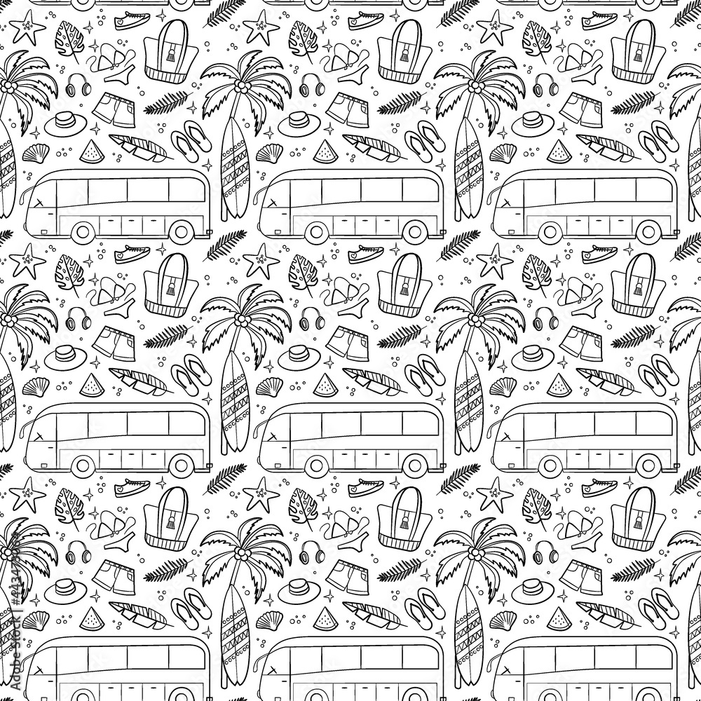 Fototapeta premium Travel and vacation seamless pattern with travel elements. Seamless pattern for design, posters, backgrounds vacation and trip theme. Bus, palm and beach elements in line style.