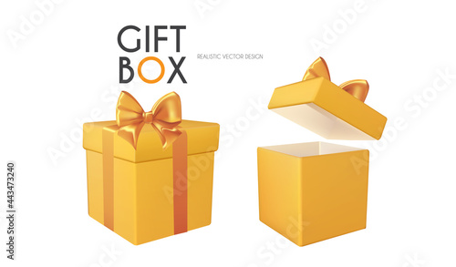 3d realistic gift box with gold bow. Opened and closed. Render.