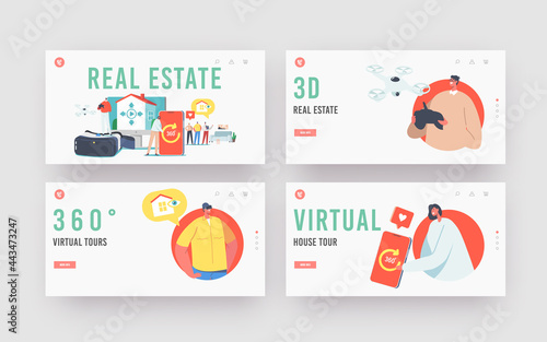 Real Estate Virtual Tour Landing Page Template Set. Realtor and Clients Choose Apartment for Buying or Rent