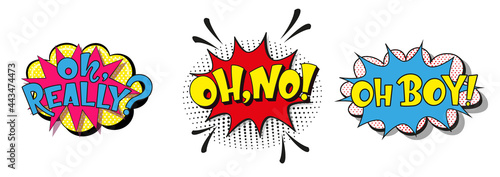 Ser comic lettering oh really, oh no, oh boy. Vector bright cartoon illustration in retro pop art style. Comic text sound effects. EPS 10.