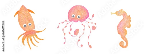 Set of three fantasy textured animals hand drawn digital illustration