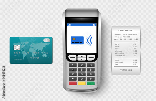 Payment Machine, POSt terminal with cash receipt and credit card isolated on transparent background, vector illustration