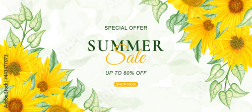 Summer sale banner template with watercolor sunflower background