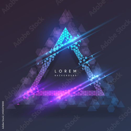 Abstract neon color triangle technology frame with hexagons