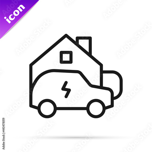 Black line Electric car parking charging at home wall box charger station on house icon isolated on white background. Vector
