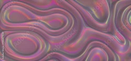 3D illustration of holographic surface made of polished chrome metal. Iridescent abstract background.