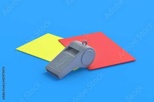 Whistle near yellow and red cards for playing soccer on blue background. Violation of the rules of the game. Penalty or disqualification of a player or team. Fair play and refereeing. 3d render photo