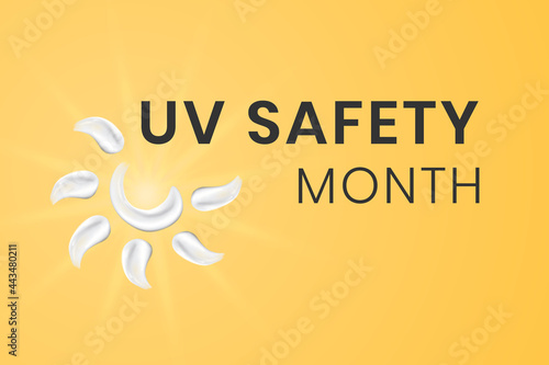 UV safety awareness month. Annual celebration in July. Concept of understanding damaging effects of ultraviolet light exposure for people skin. Vector illustration of banner template