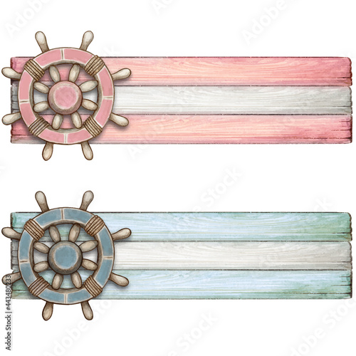 Watercolor nautical wooden banner with sailing knot with helm boy and girl