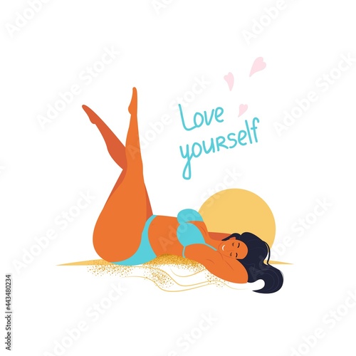 Positive body, girl size xl in a bathing suit sunbathes, vector illustration in flat style, cartoon.