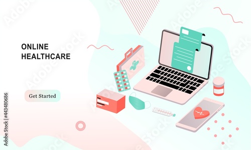 Landing page of online healthcare flat illustration. Online medical consultation and treatment via app smartphone or computer connected internet clinic. Online ask doctor consultation in mobile vector