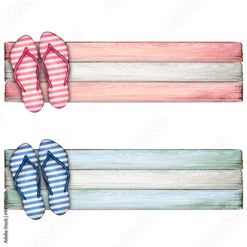 pink and blue banner with flip flops
