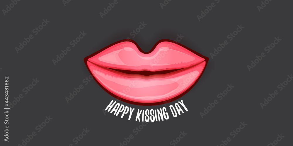 Fototapeta Happy kissing day horizontal banner with cartoon glossy red lips isolated on grey background. Kiss day vector concept illustration with sexy smiling woman mouth icon