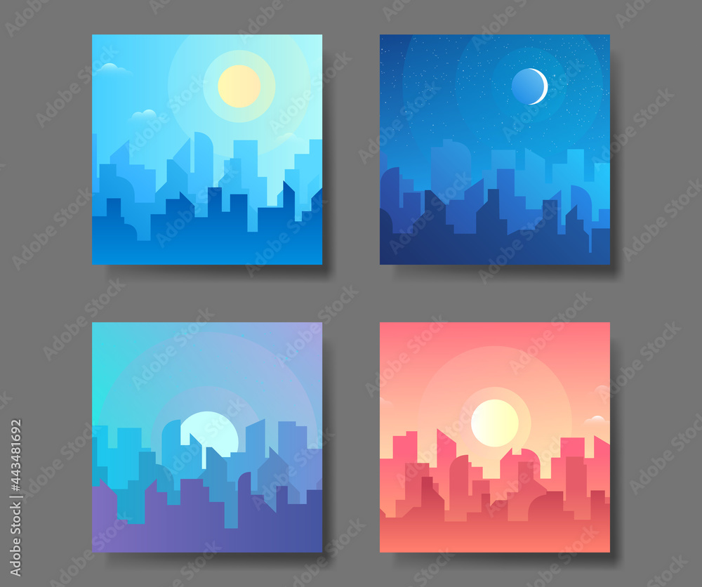 Morning, day and night time city skyline landscape, town buildings in different time and urban cityscape town sky. Daytime cityscape. Architecture silhouette background collage set. Flat design