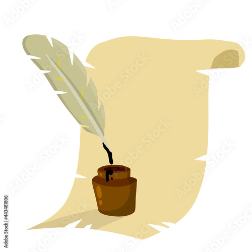 Pen and parchment. Old clerk paper. Page sheet and ink with feather. Blank document. Flat cartoon illustration. Medieval poet instrument