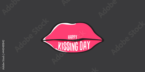 Happy kissing day horizontal banner with cartoon glossy red lips isolated on grey background. Kiss day vector concept illustration with sexy smiling woman mouth icon