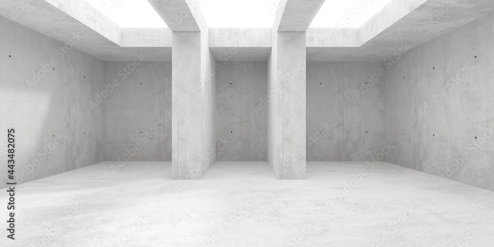 Abstract empty, modern concrete room with open ceiling, pillars and rough floor - industrial interior background template Abstract empty, modern concrete room with open ceiling, pillars and rough floor - industrial interior background template