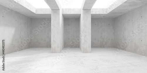 Abstract empty  modern concrete room with open ceiling  pillars and rough floor - industrial interior background template