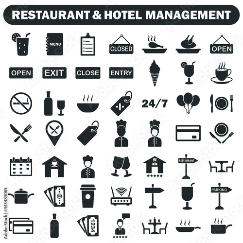 restaurant and hotel management icon set black series