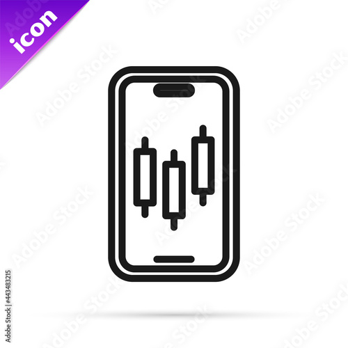 Black line Mobile stock trading concept icon isolated on white background. Online trading, stock market analysis, business and investment. Vector