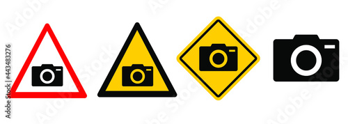 Radar icon. Warning Photographers or police camera, red, yellow triangle or diamond sign, security camera. Flat vector beware road pictogram.