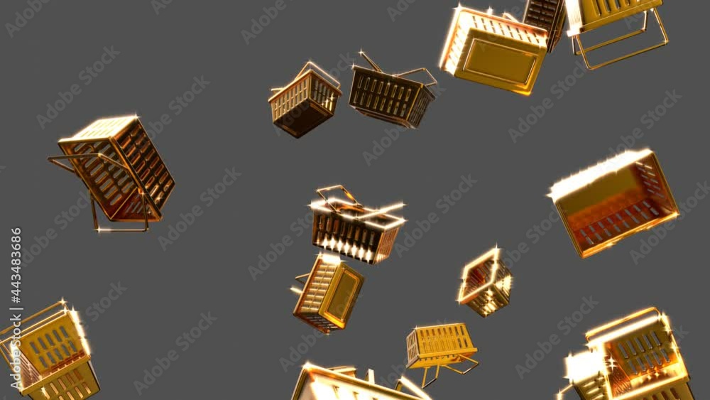 Shining gold shopping baskets on gray background.
Loop able abstract animation for background. Shining gold shopping baskets on gray background.
Loop able abstract animation for background.
